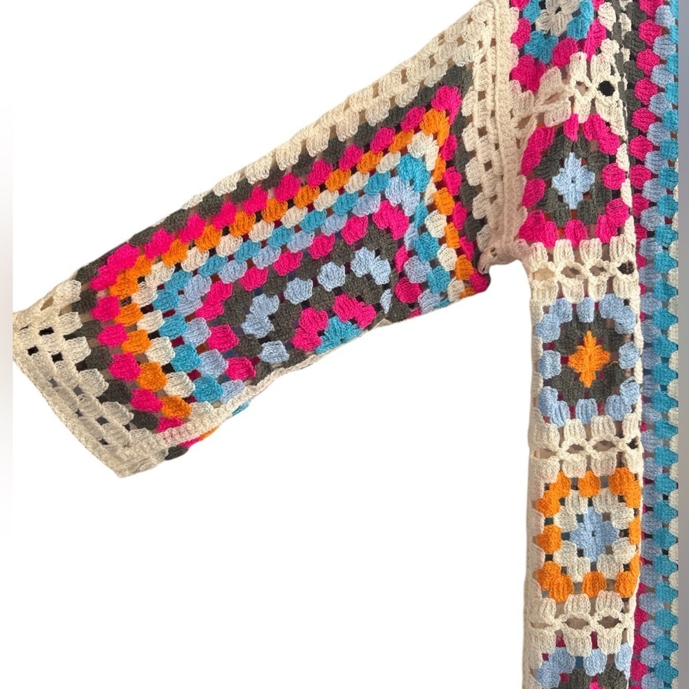 POL Crochet Knit One Size Duster Cardigan Open-Front Colorful Granny Square - Picture 3 of 5